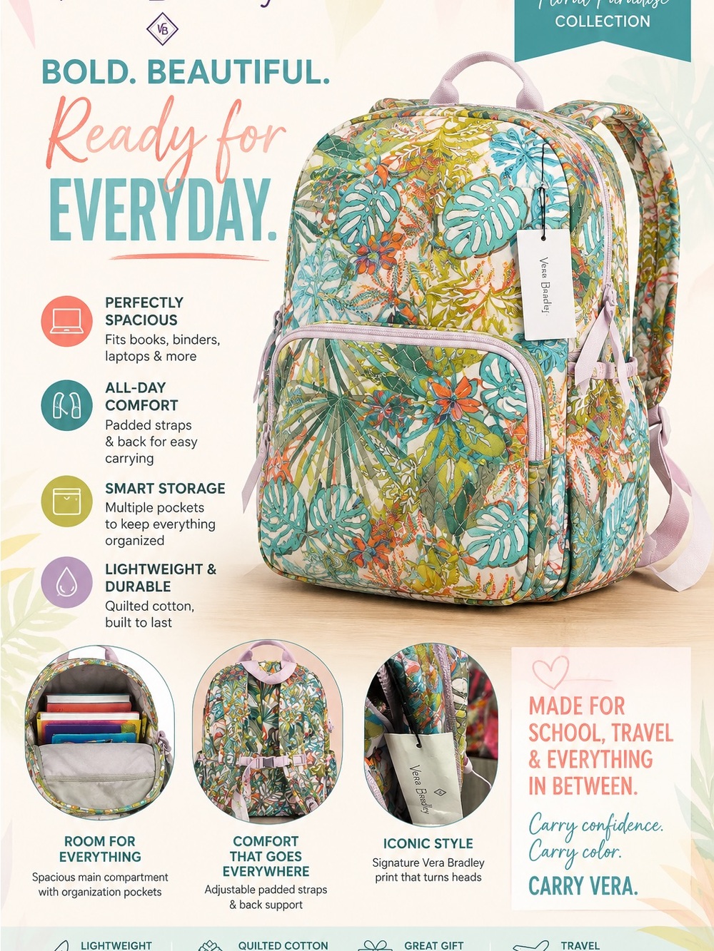 Vera Bradley Kids Tropical Floral Backpack – Green, Teal & Pink